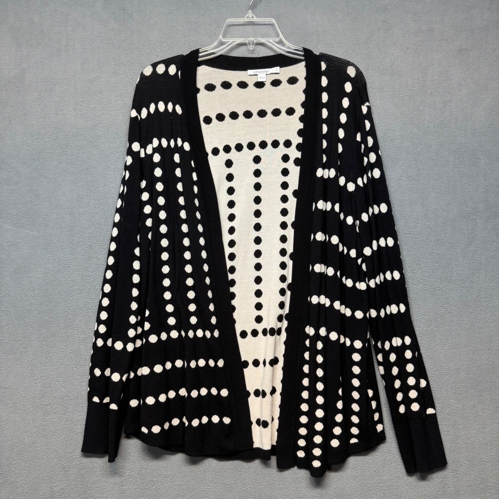 Chicos Polka Dot Cardigan Open Front Sweater Size 2 L Black Cream White Longline